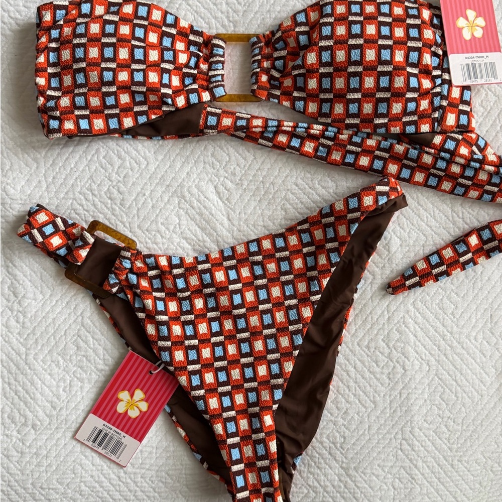 Geometric Bandeau Bikini Set - Rust, Brown & Light Blue
